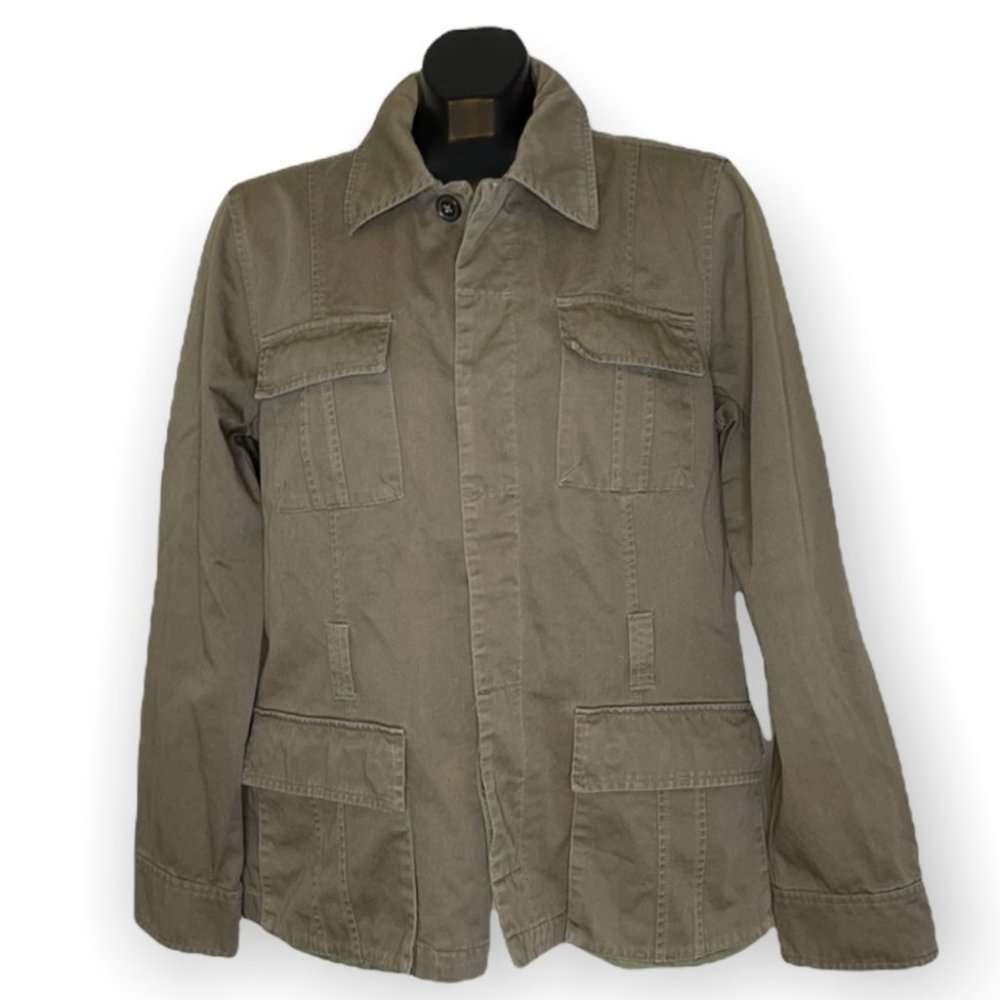 Tommy Hilfiger Utility Jacket Olive Green Cotton Button Front Military Safari L